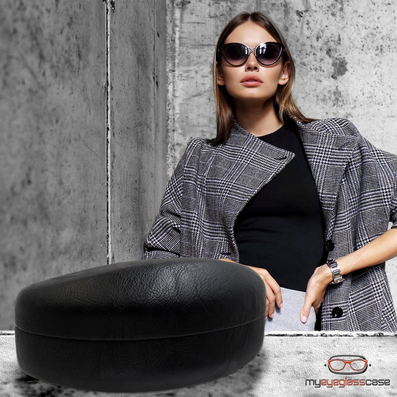 MyEyeglassCase - XL Sunglasses Case for Curved Frames - Large Glasses Holder in an Elegant Classic Design best for Aviators - Womens Eyeglass Case Clam Shell - Drawstring Pouch & Cloth (AS179 Black) - Image 2